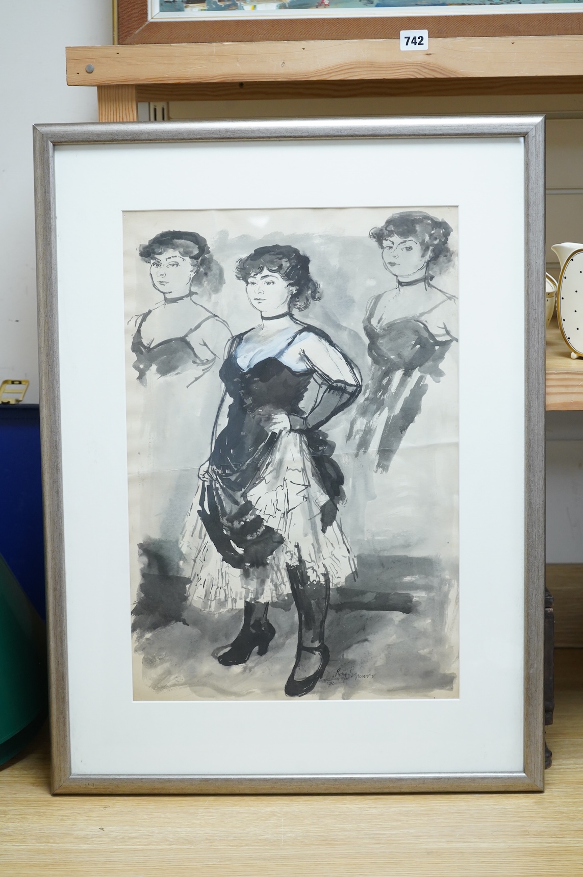 Roy Spencer (1918-2006), Study of a lady in costume, signed, monochrome ink and wash, 54 x 36cm